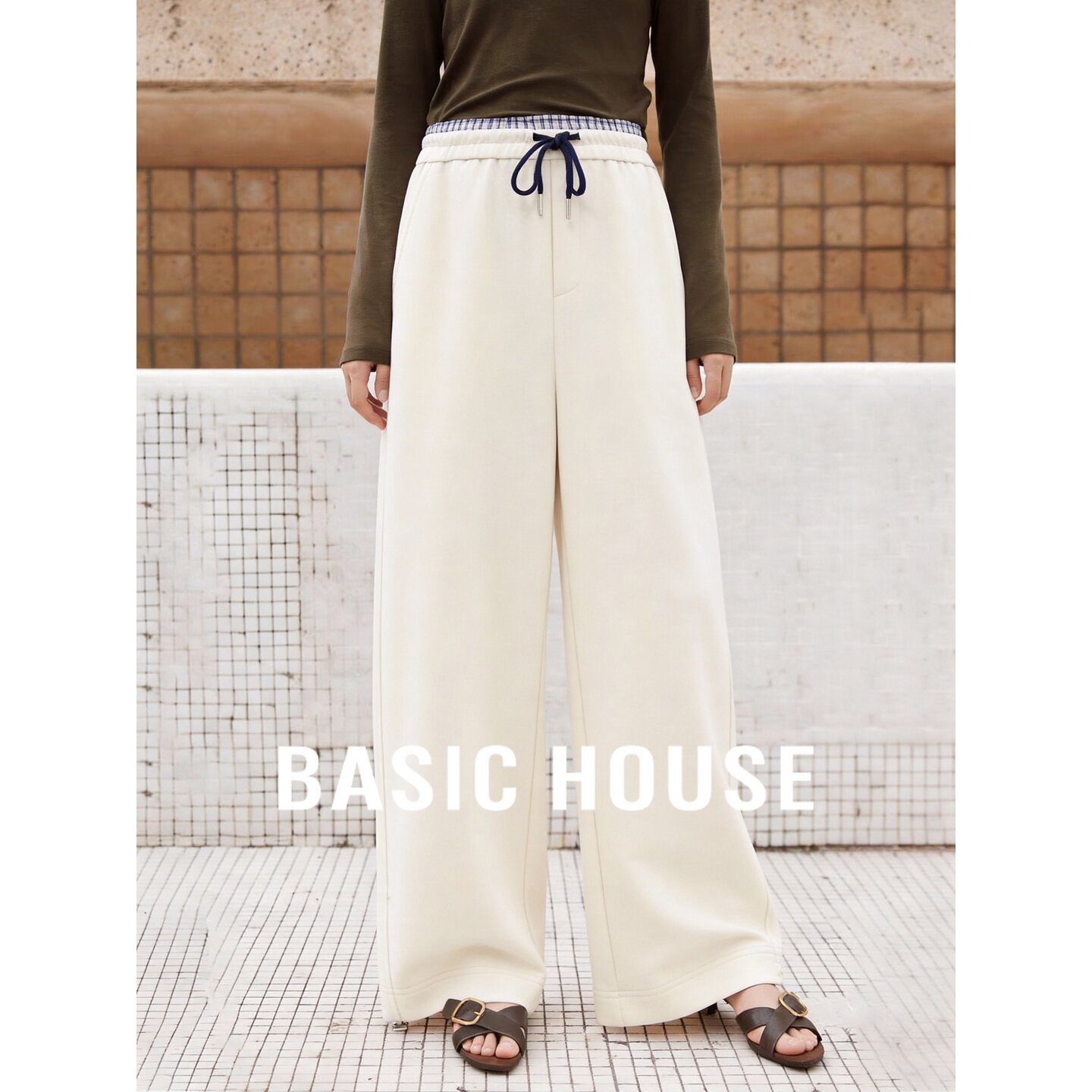 Basic House/百家好2026秋季含棉格子拼接休闲裤女日常百搭通勤