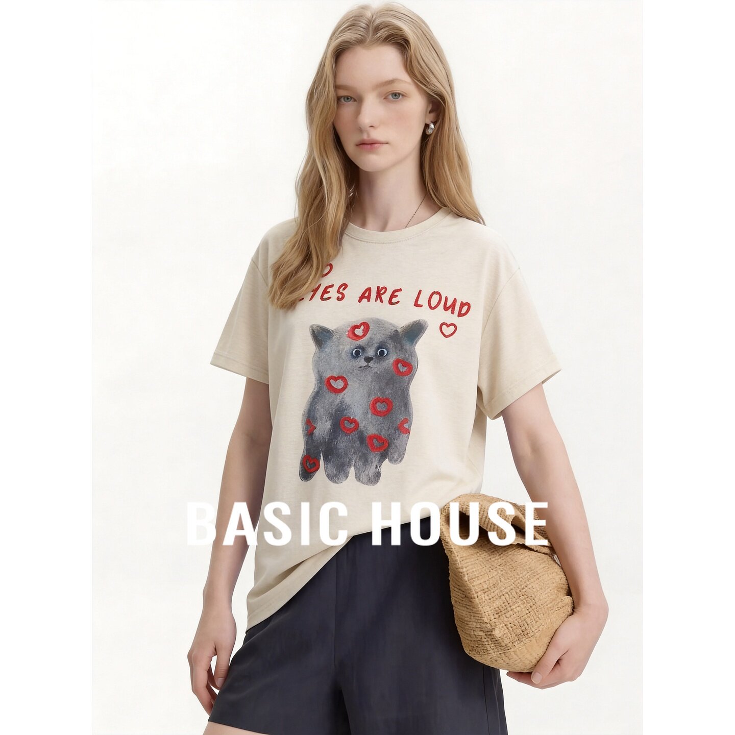 Basic House/百家好卡通风短袖T恤女夏可爱猫咪印花字母减龄上衣