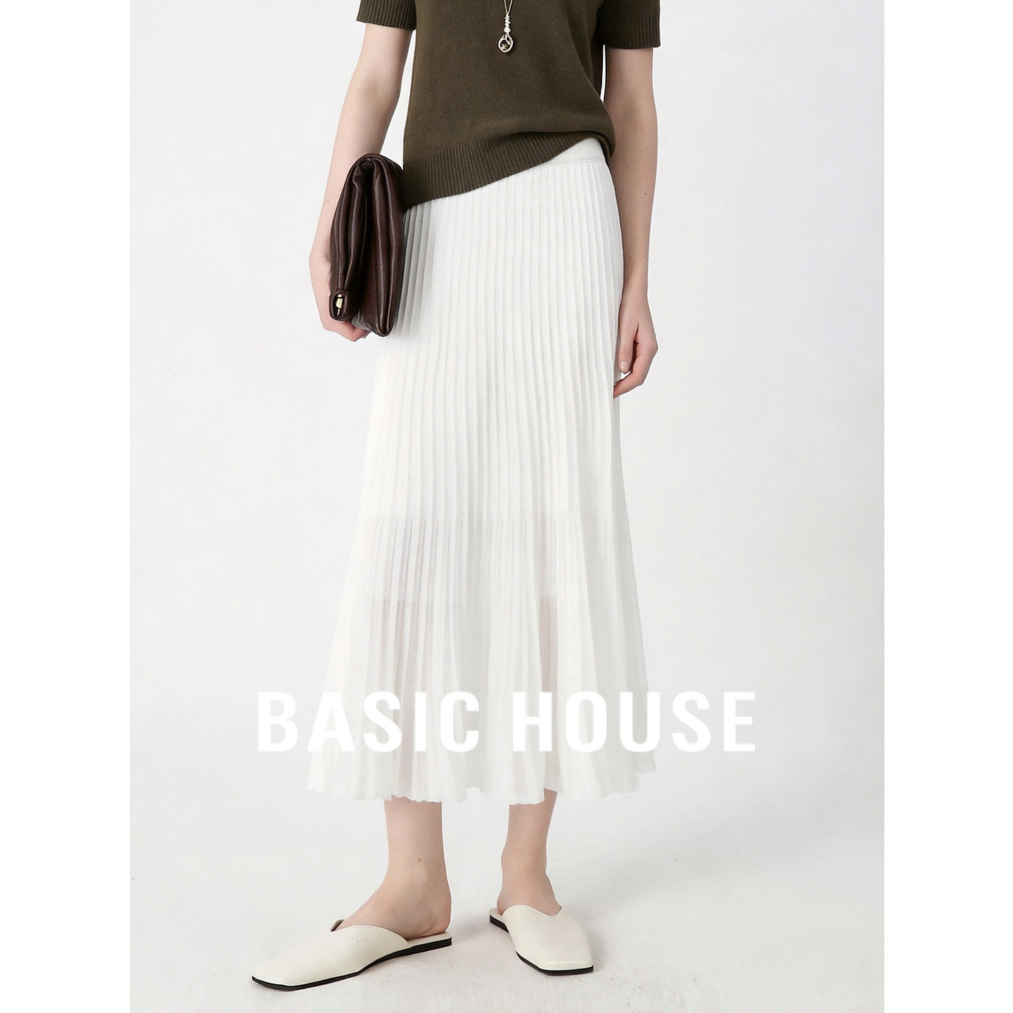 Basic House/百家好慵懒风白色百褶半身裙女中长款鱼尾裙摆轻熟风