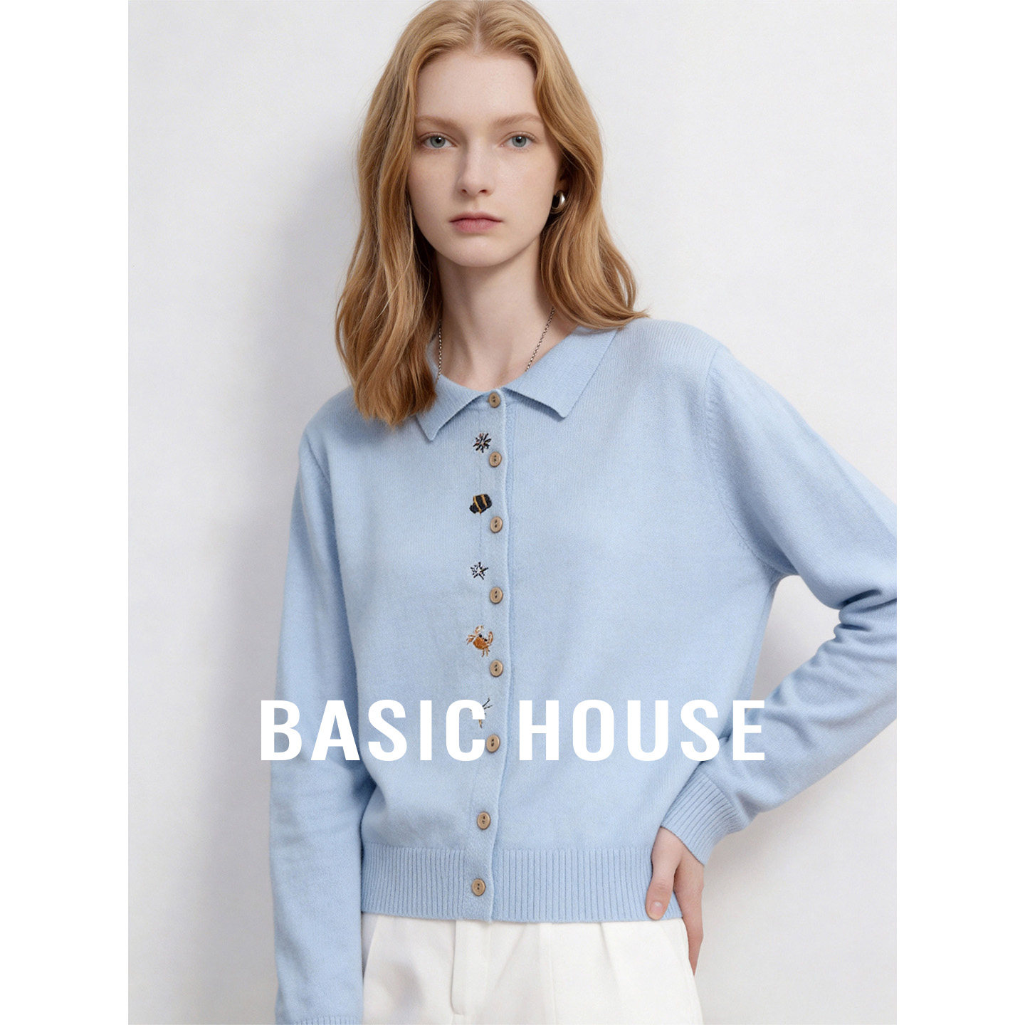 Basic House/百家好polo领卡通刺绣宽松开衫上衣女百搭长袖针织衫