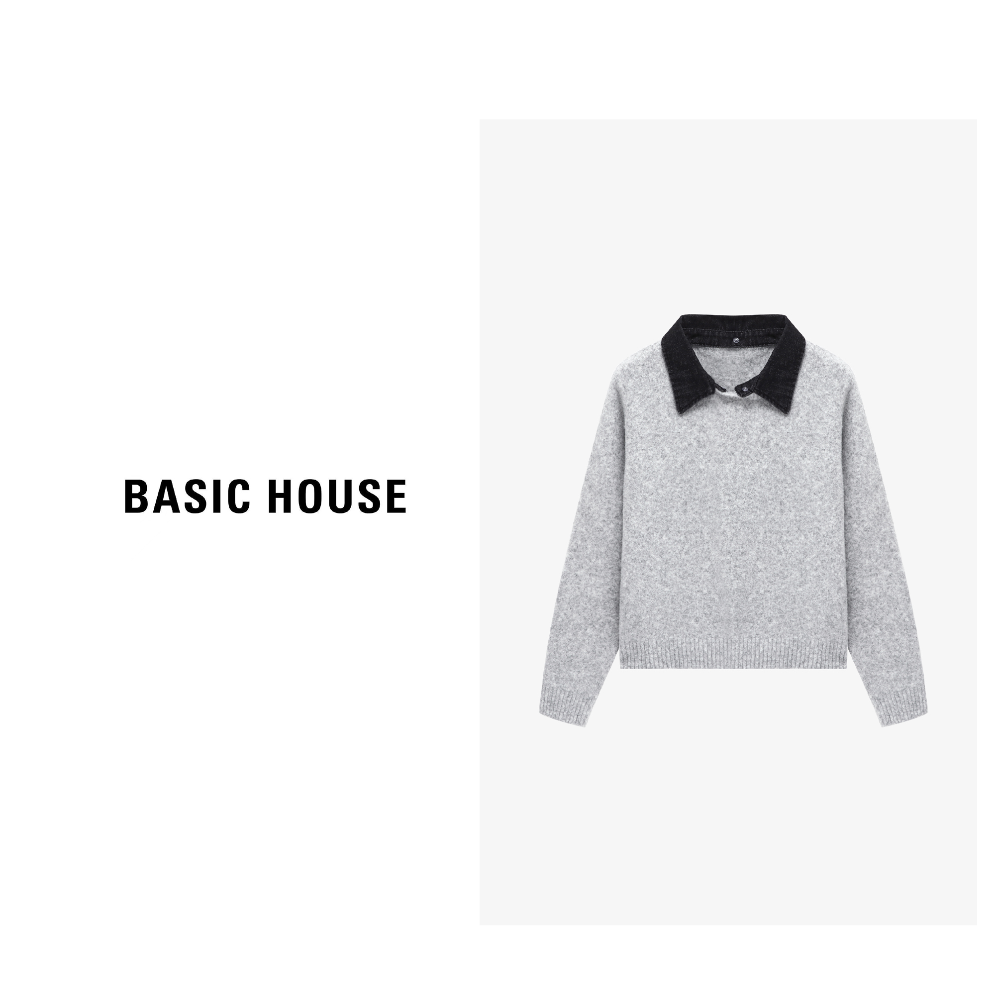 Basic House/百家好polo纯色基础版羊毛衫女秋冬新款保暖百搭上衣
