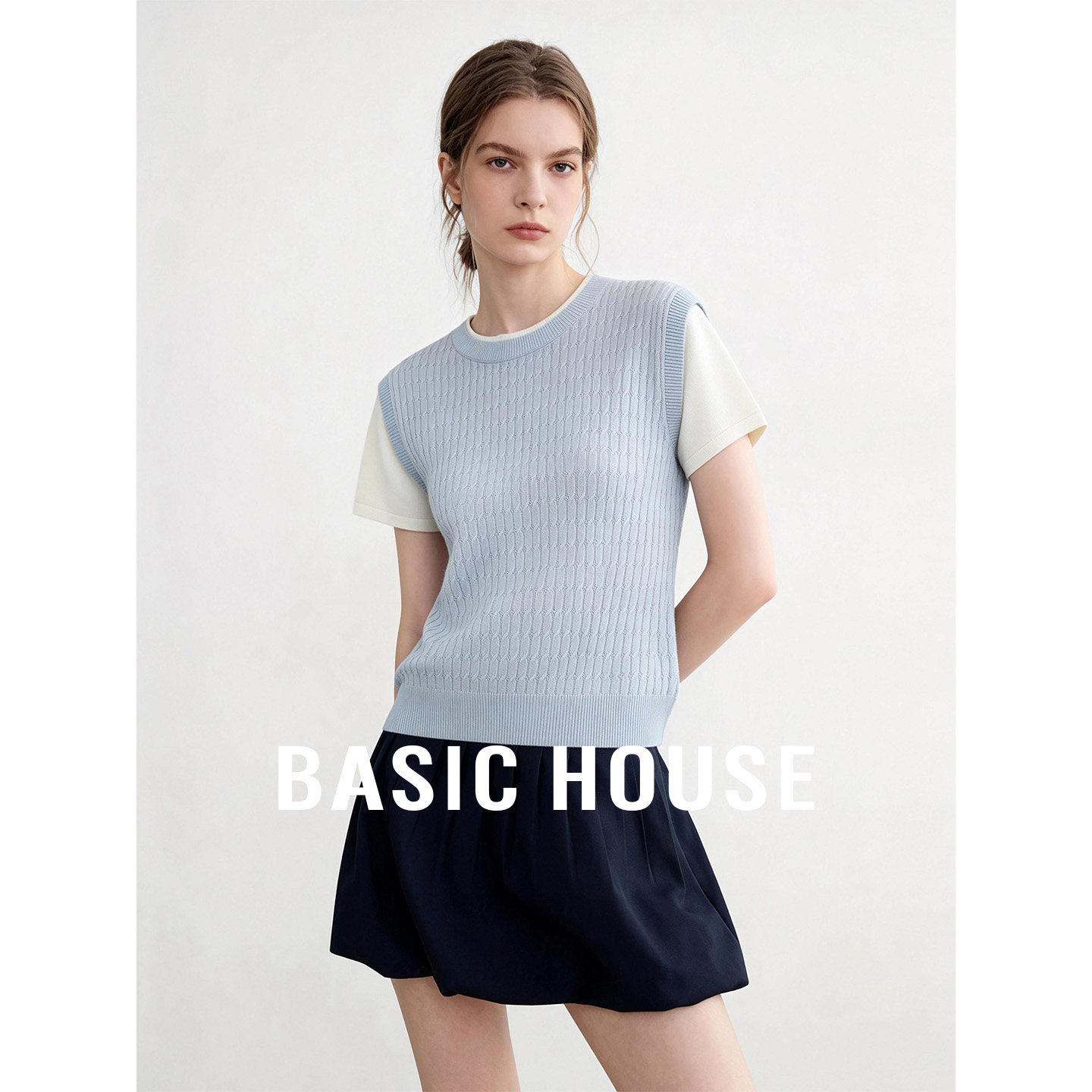 Basic House/百家好撞色假两件短袖针织衫莱赛尔亚麻圆领短款上衣