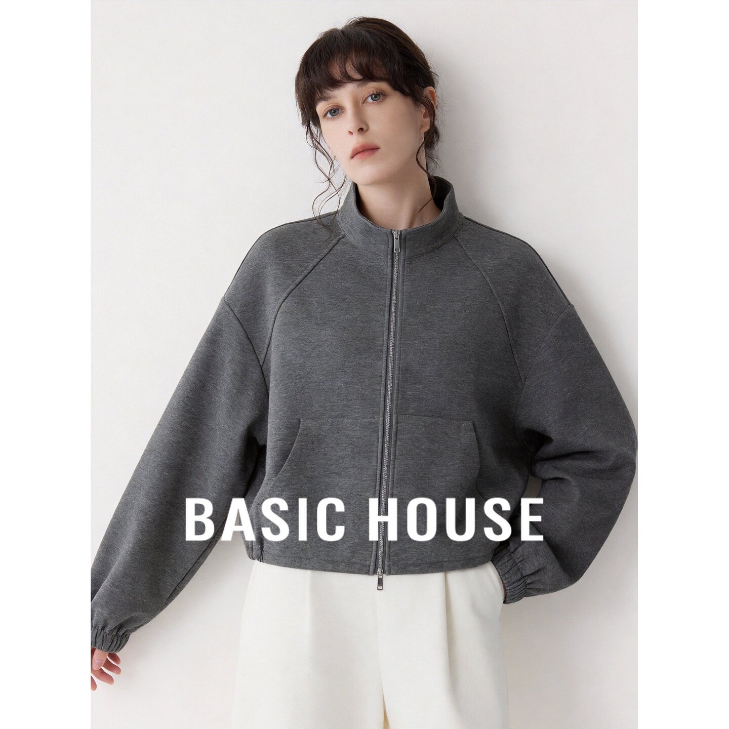 Basic House/百家好灰色立领双拉链短外套女秋季宽松休闲纯色卫衣