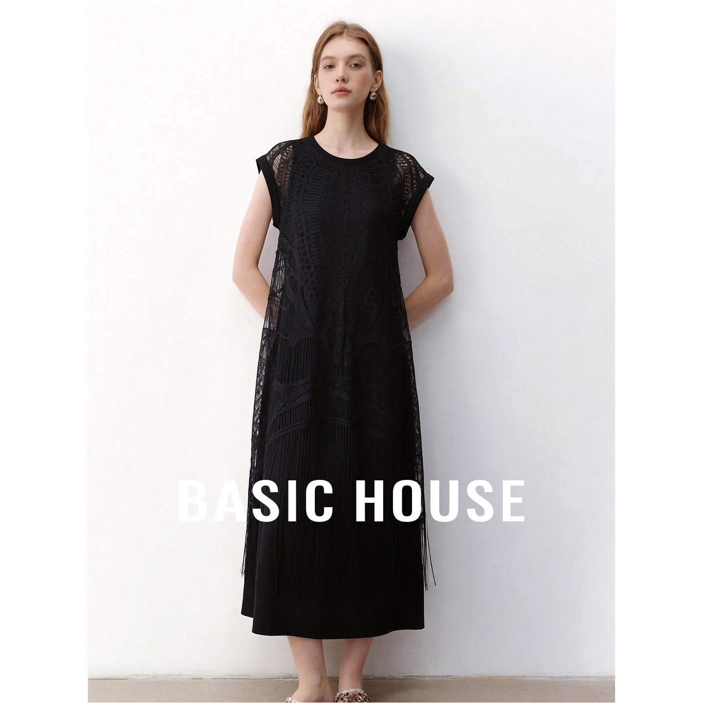 Basic House/百家好镂空拼接设计连衣裙女气质圆领流苏长裙夏季
