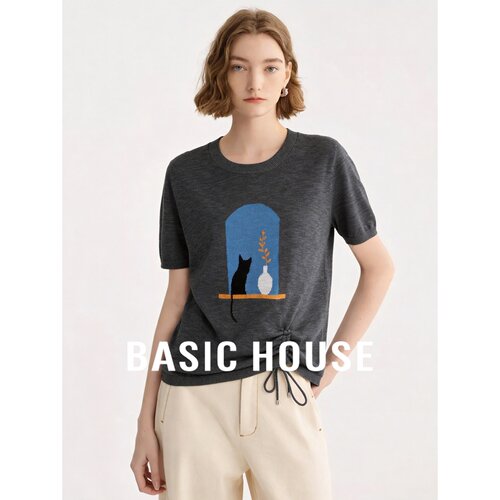 Basic House/百家好小众设计感猫咪印花针织短袖抽绳显瘦减龄上衣