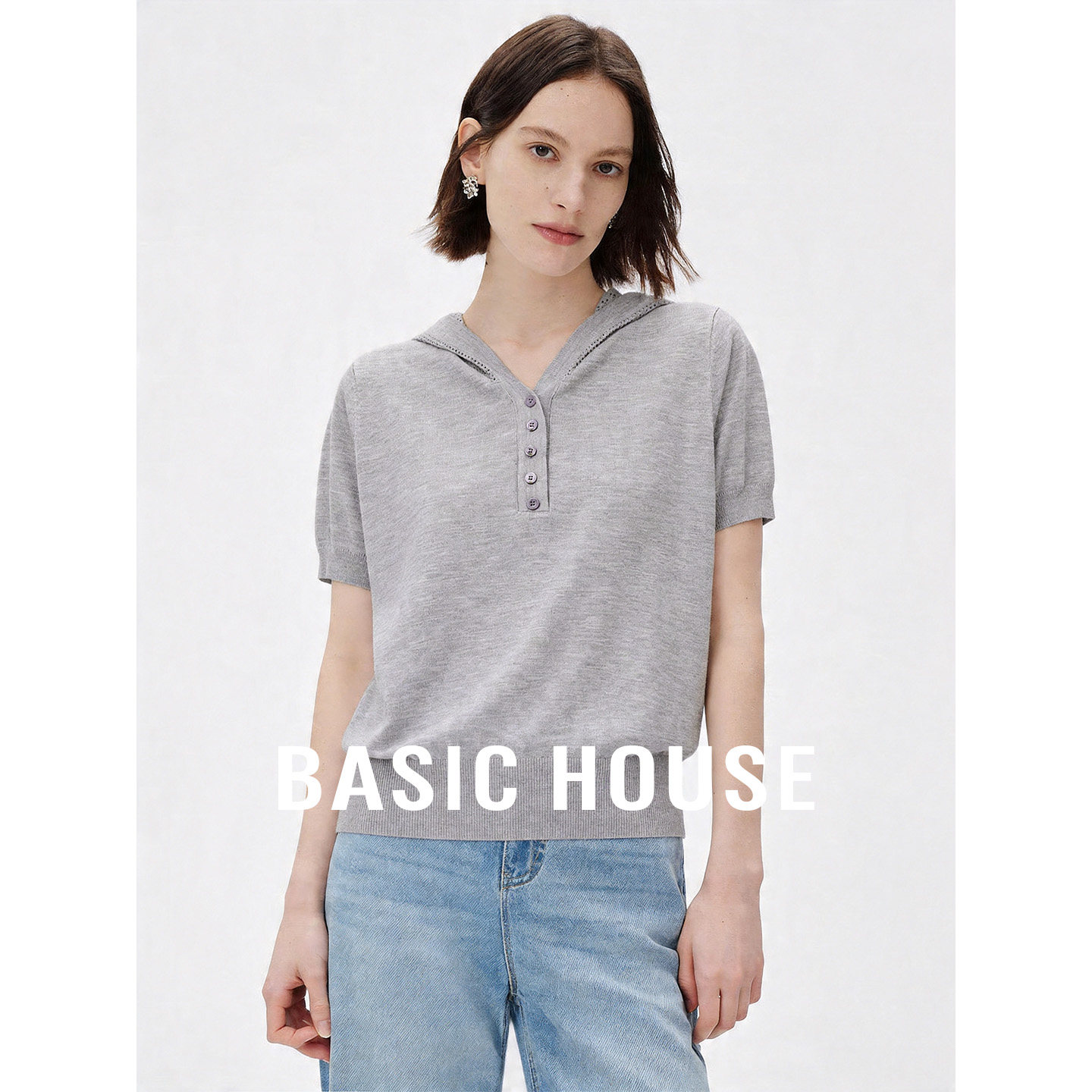 Basic House/百家好灰色连帽简约短款针织衫女夏季透气套头上衣