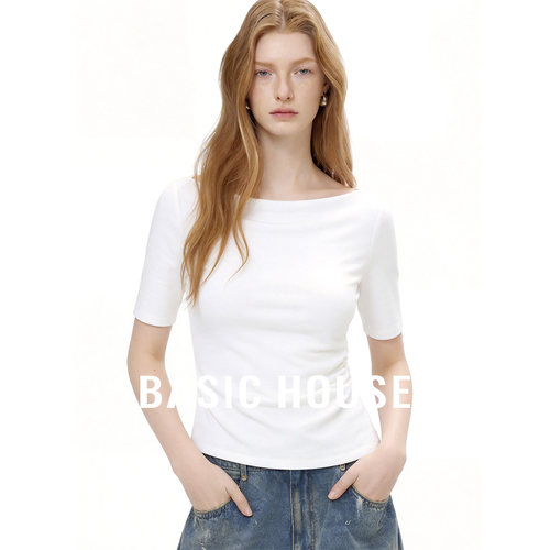 Basic House/百家好白色抽褶设计短袖T恤女夏季修身显瘦百搭上衣