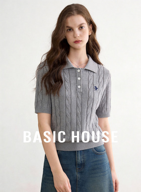 Basic House/百家好时髦高级莱赛尔翻领针织衫短款简约纯色上衣女