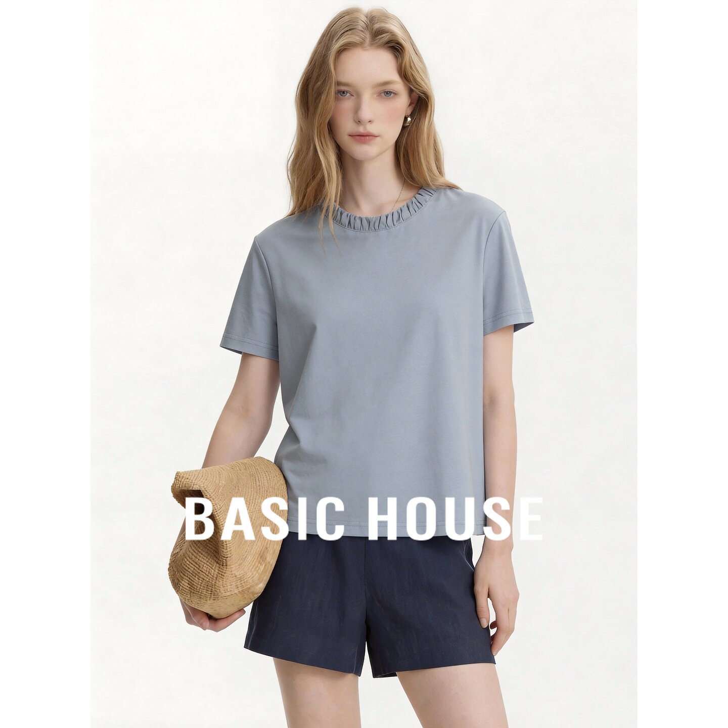 Basic House/百家好老钱风木耳边圆领短袖T恤浅蓝色修身显瘦上衣