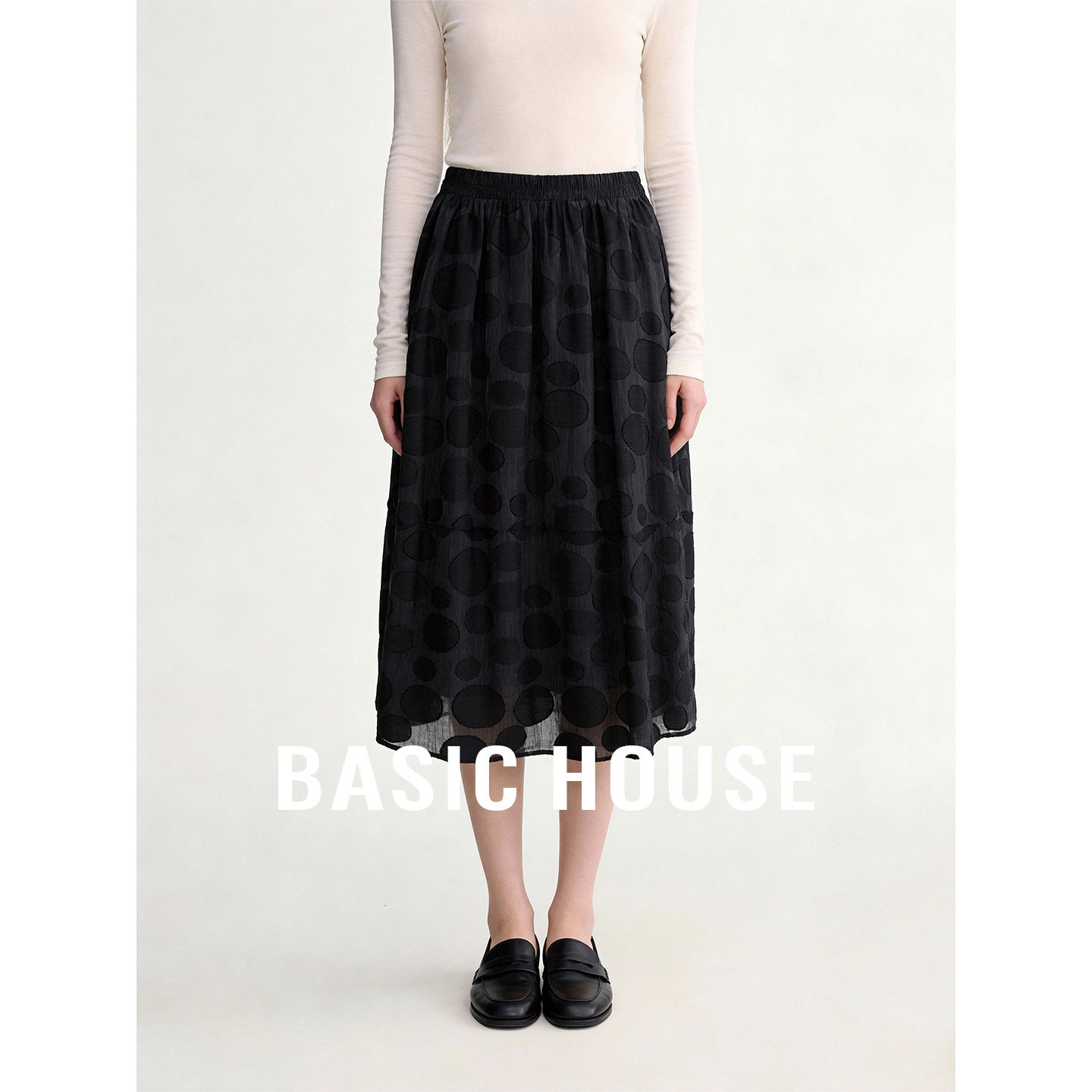 Basic House/百家好复古黑色波点A字半身裙春季松紧腰中长款裙子