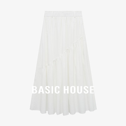 Basic House/百家好极简百搭莱赛尔拼接褶皱高腰中长款白色半身裙