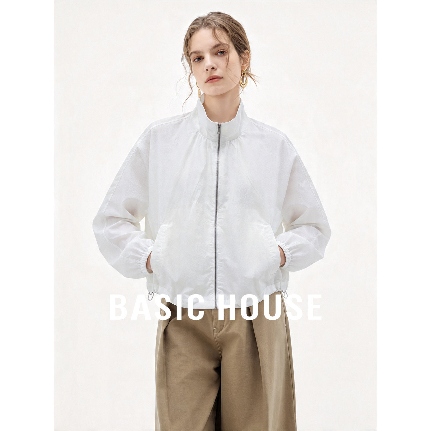 Basic House/百家好立领白色简约干净短款外套女夏季含棉舒适上衣