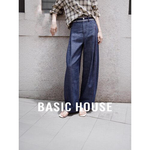Basic House/百家好高腰弯刀裤女宽松显瘦阔腿牛仔裤休闲直筒长裤