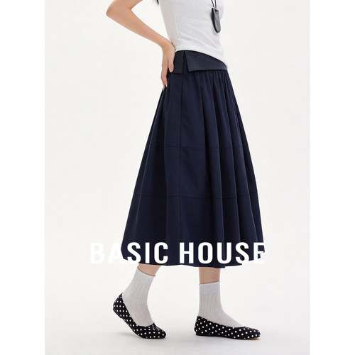Basic House/百家好简约藏青半身裙女夏A字中长裙垂感宽松百搭