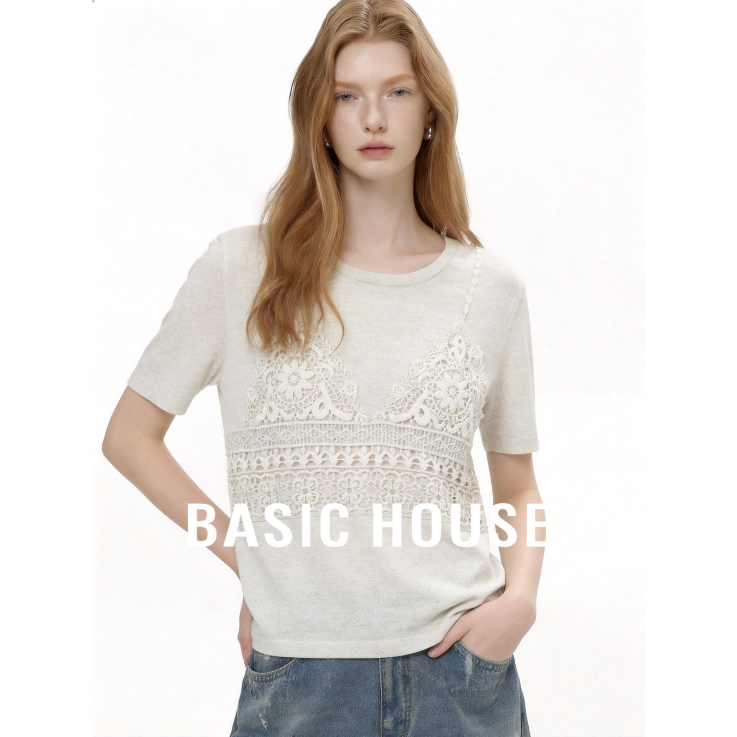 Basic House/百家好温柔风假两件蕾丝拼接针织衫女夏短袖百搭上衣