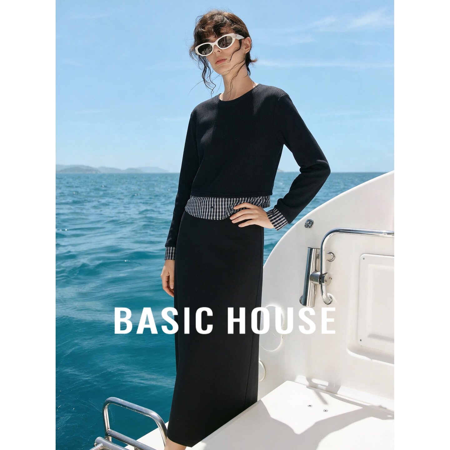 Basic House/百家好休闲百搭格子拼接针织两件套女气质高级感套装