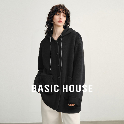 Basic House/百家好复古抽绳皮毛一体外套宽松保暖中长款连帽上衣