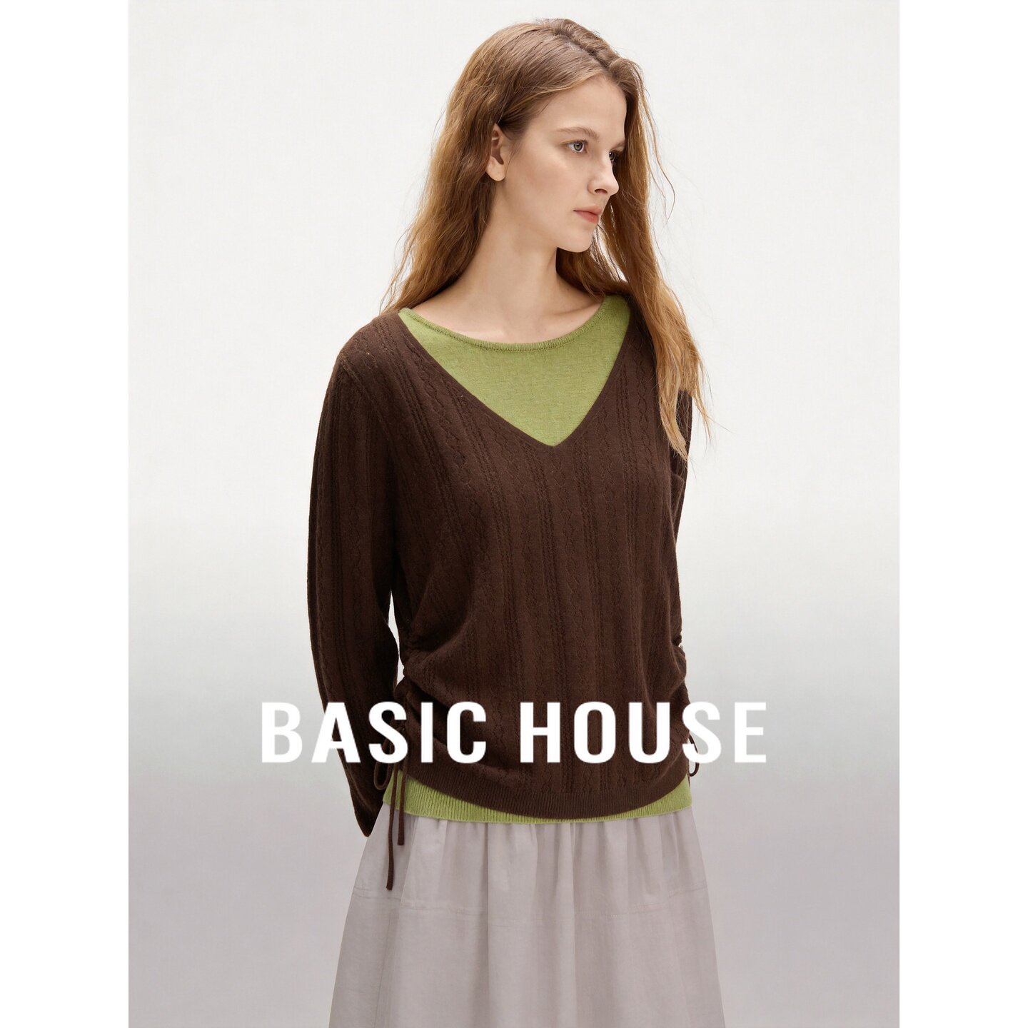 Basic House/百家好假两件撞色抽绳收腰针织衫女宽松显瘦毛衣上衣