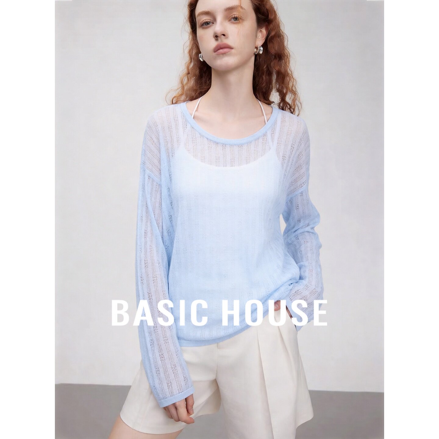 Basic House/百家好法式慵懒风镂空针织衫女秋季长袖透气蓝色上衣