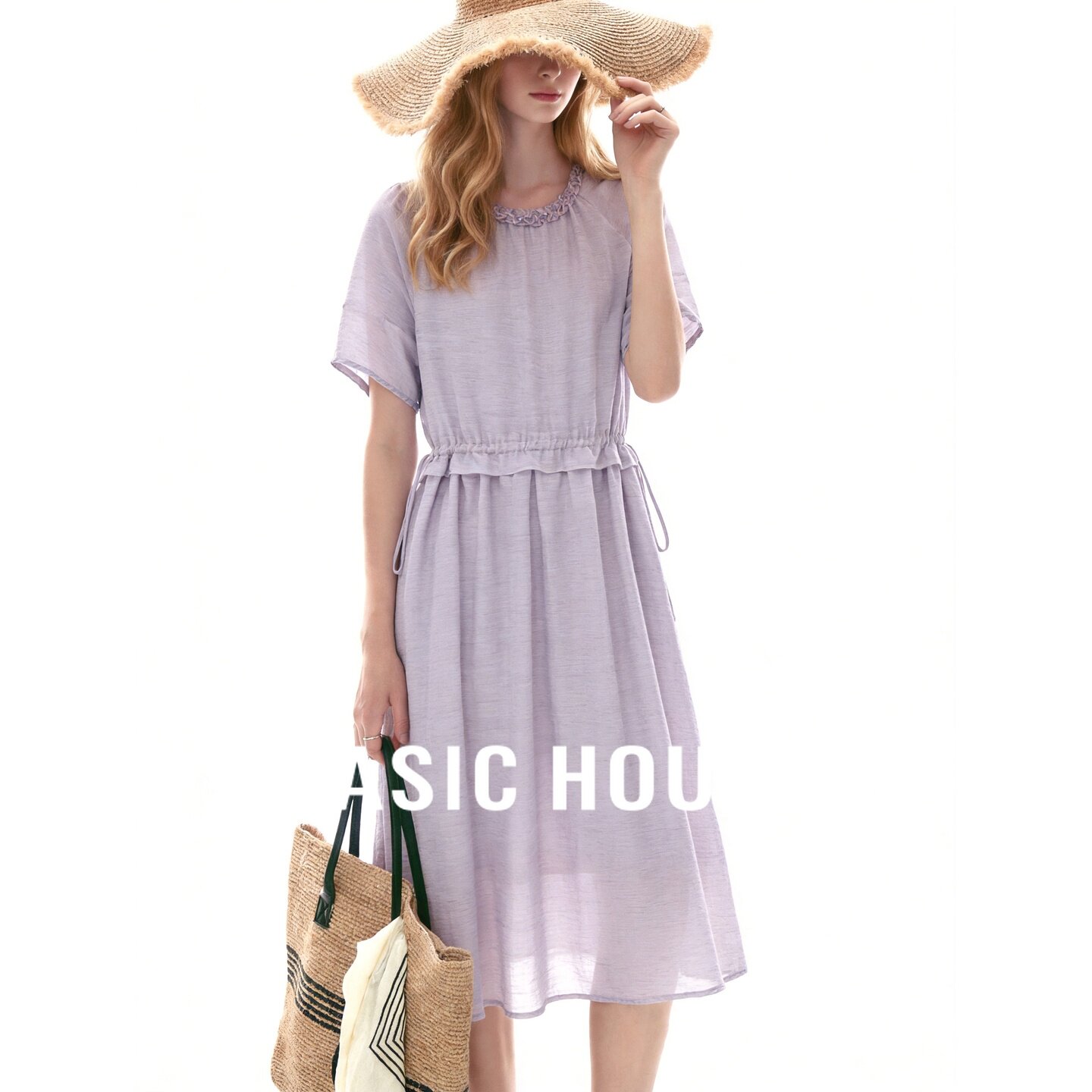 Basic House/百家好亚麻连衣裙女夏抽绳收腰中长款优雅风紫色裙子
