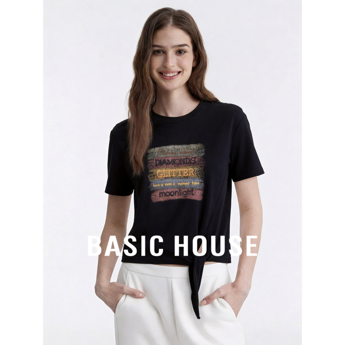 Basic House/百家好字母印花短袖T恤夏季黑色圆领套头设计感上衣