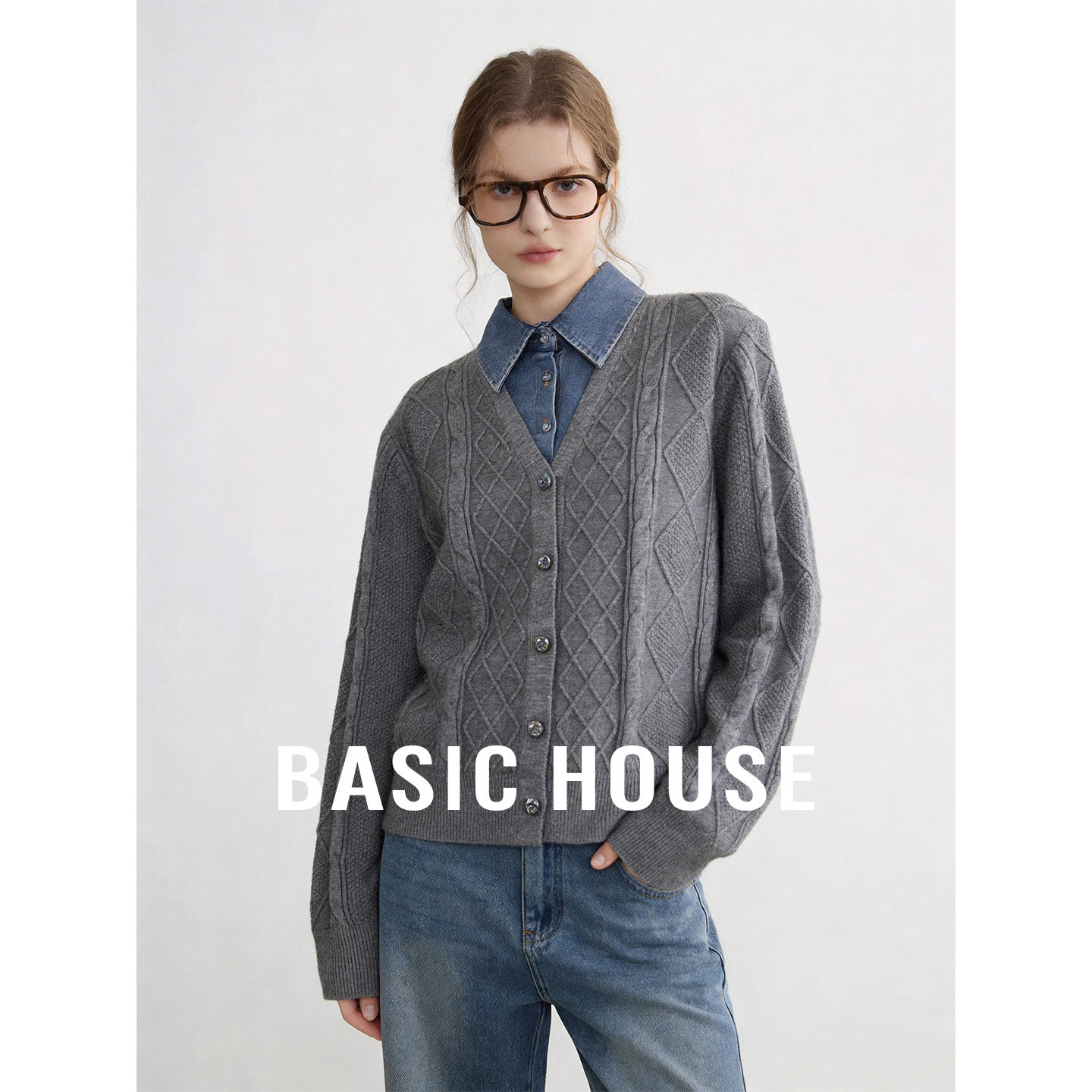 Basic House/百家好拼接设计感小众针织衫女春季通勤必备气质内搭