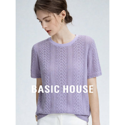 Basic House/百家好通勤温柔风紫色镂空肌理感短袖薄款百搭T恤女