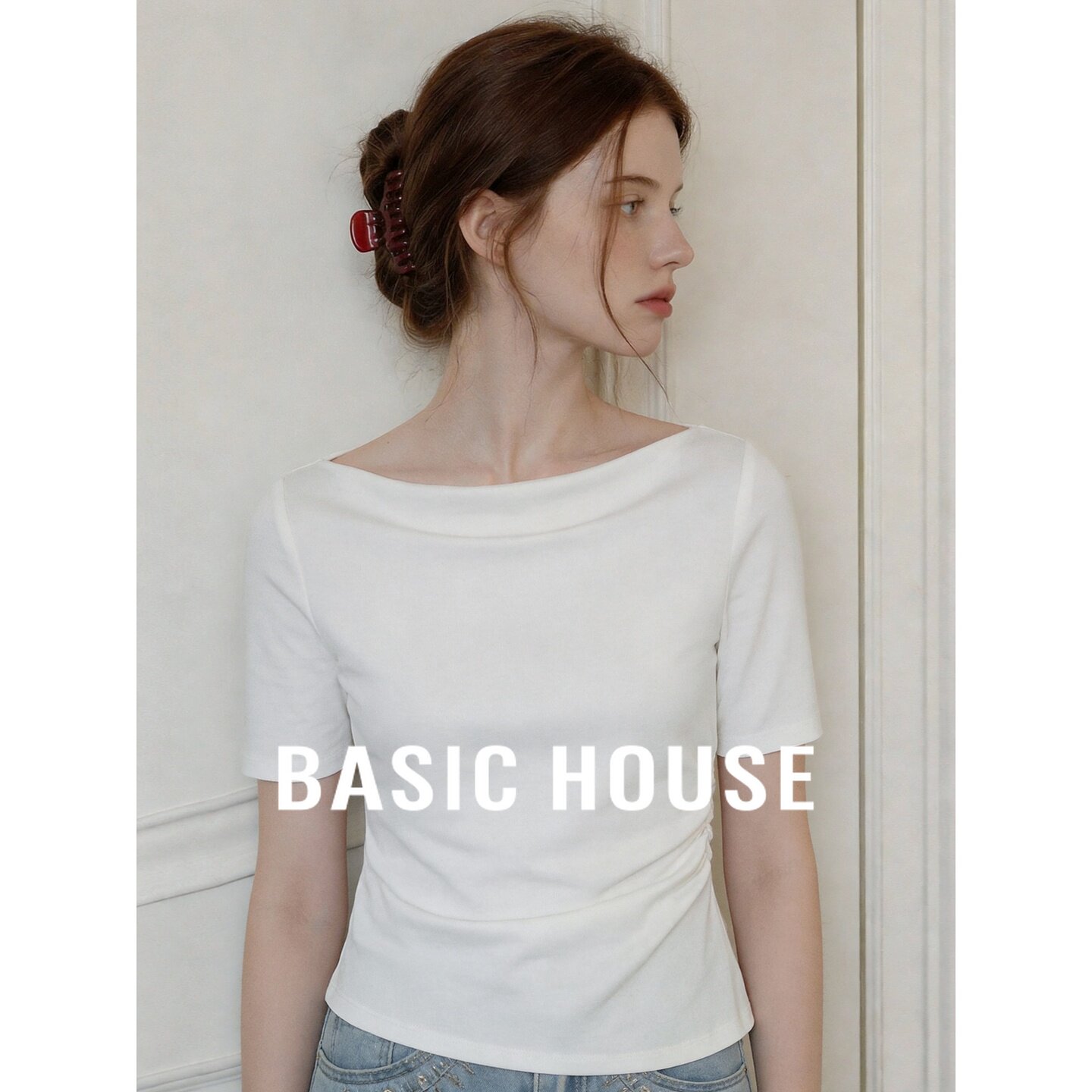 Basic House/百家好一字肩收褶短袖夏季薄款时尚显瘦气质百搭T恤