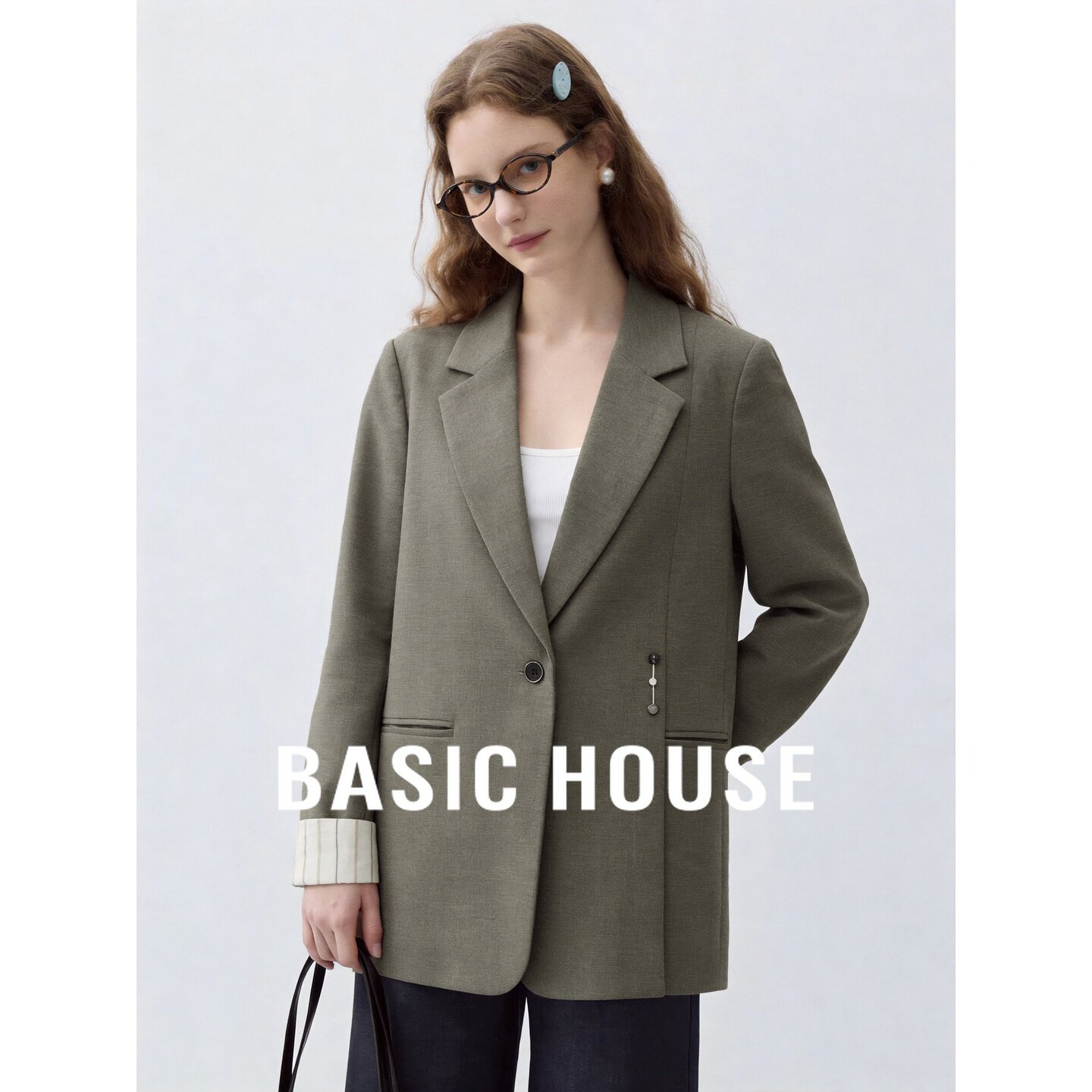 Basic House/百家好设计感西装外套女新款翻领宽松显瘦气质外套