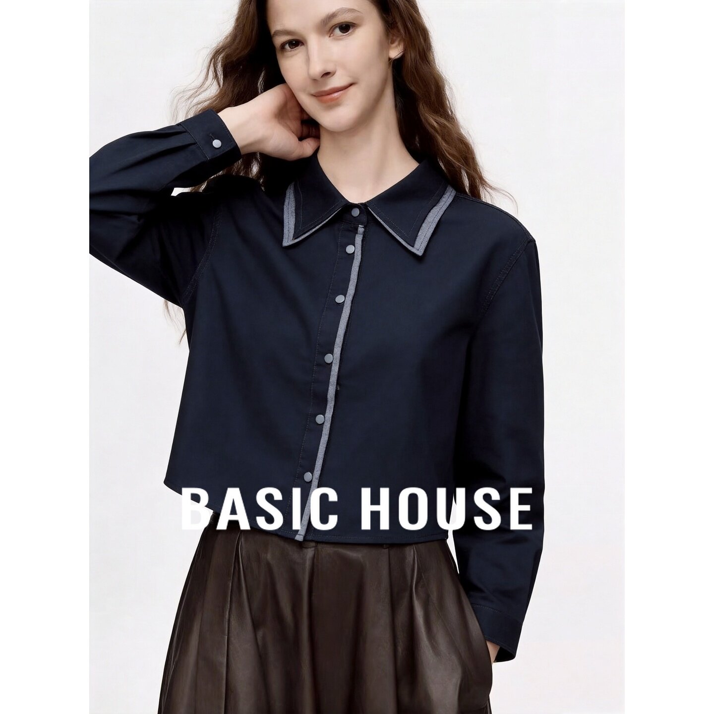 Basic House/百家好莱赛尔撞色滚边衬衫长袖圆领纽扣时尚百搭上衣