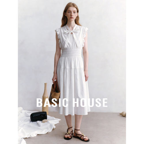 Basic House/百家好莱赛尔V领无袖连衣裙女夏季收腰长裙显瘦气质