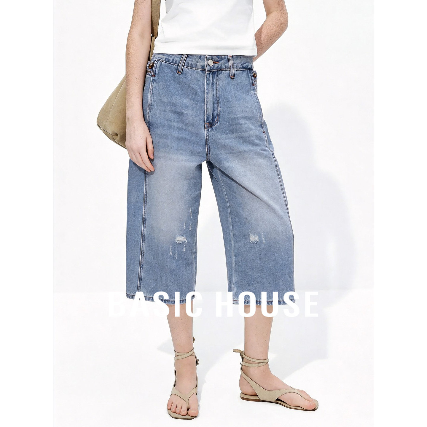 Basic House/百家好美式复古蓝色七分牛仔裤女夏季时尚宽松破洞裤