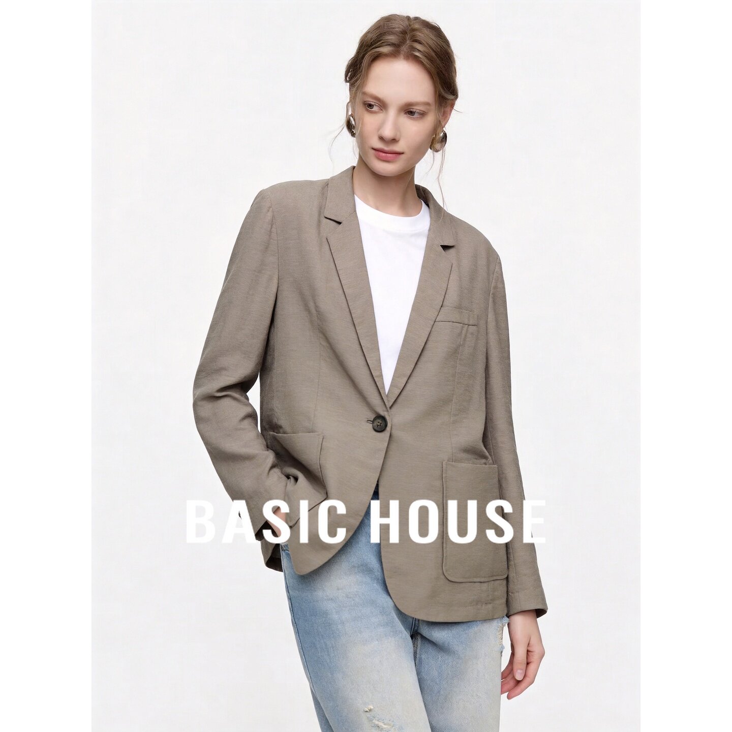 Basic House/百家好亚麻莱赛尔西装外套翻领长袖宽松单排扣卡其色