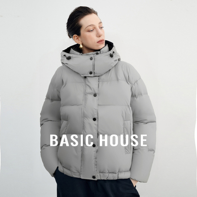 Basic House/百家好保暖防风连帽立领羽绒服纯色加厚白鸭绒外套女