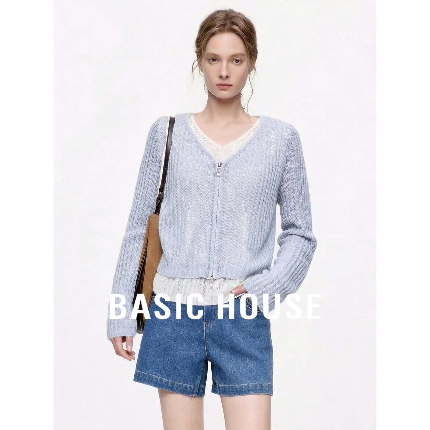 Basic House/百家好V领针织开衫女长袖宽松拉链外套韩版浅蓝色