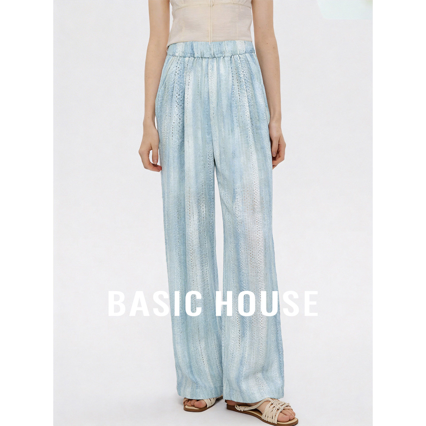 Basic House/百家好2026新款水墨晕染松紧腰休闲裤女镂空直筒长裤