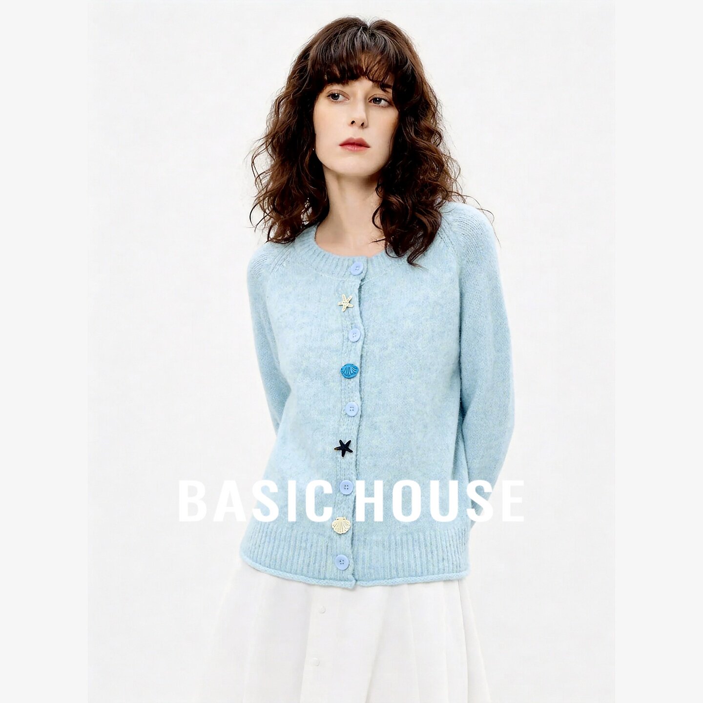 Basic House/百家好慵懒针织开衫女小众设计感星星扣宽松毛衣外套
