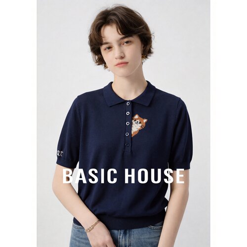 Basic House/百家好韩式翻领短袖针织衫女夏季莱赛尔藏青宽松上衣