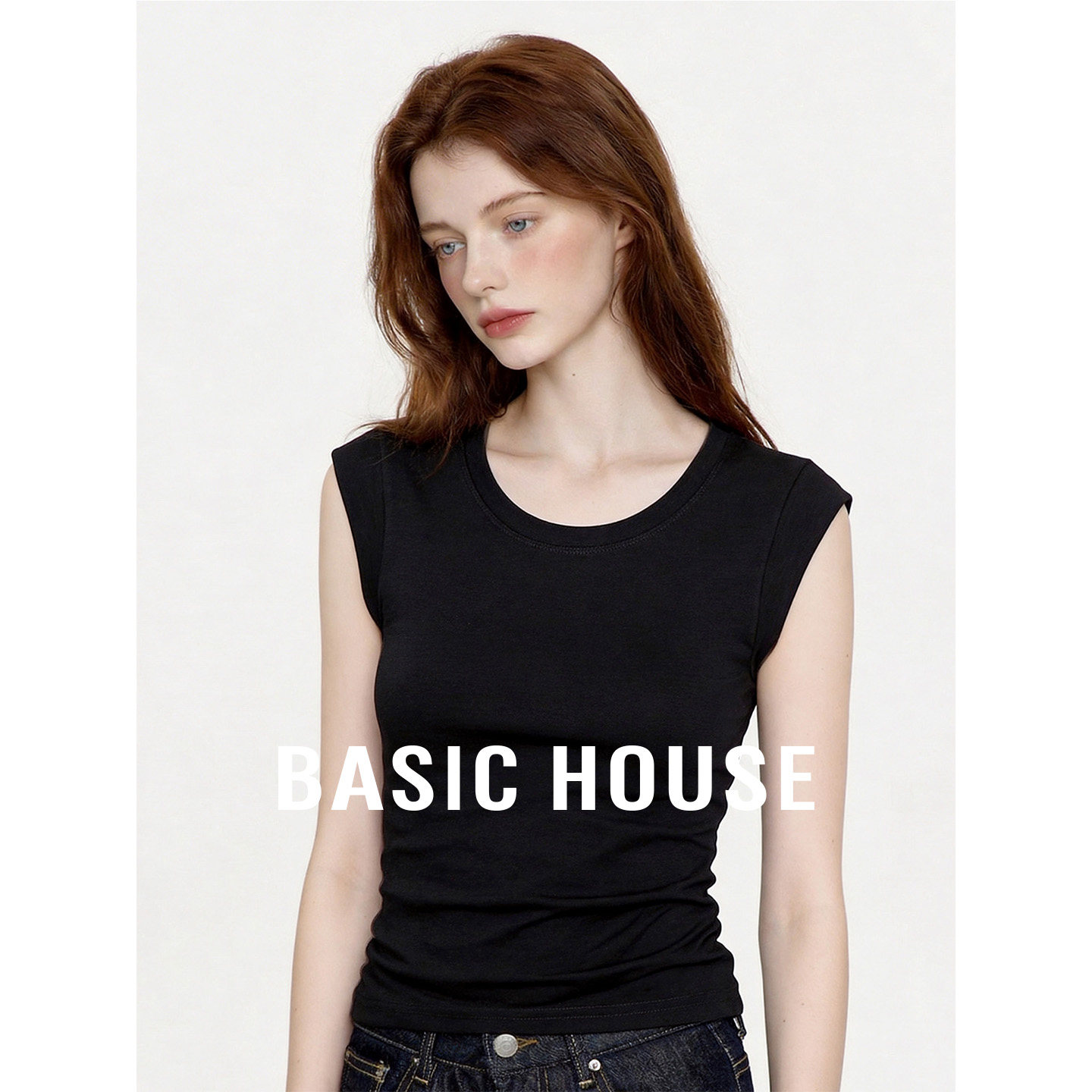 Basic House/百家好黑色小飞袖极简风T恤女夏季新款简约百搭上衣