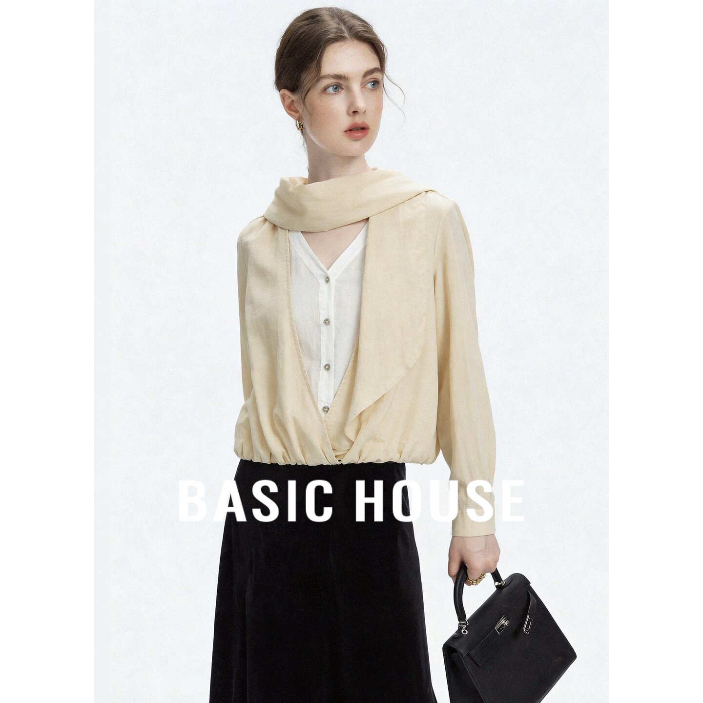 Basic House/百家好2026秋围巾领假两件宽松薄款衬衫女设计感上衣