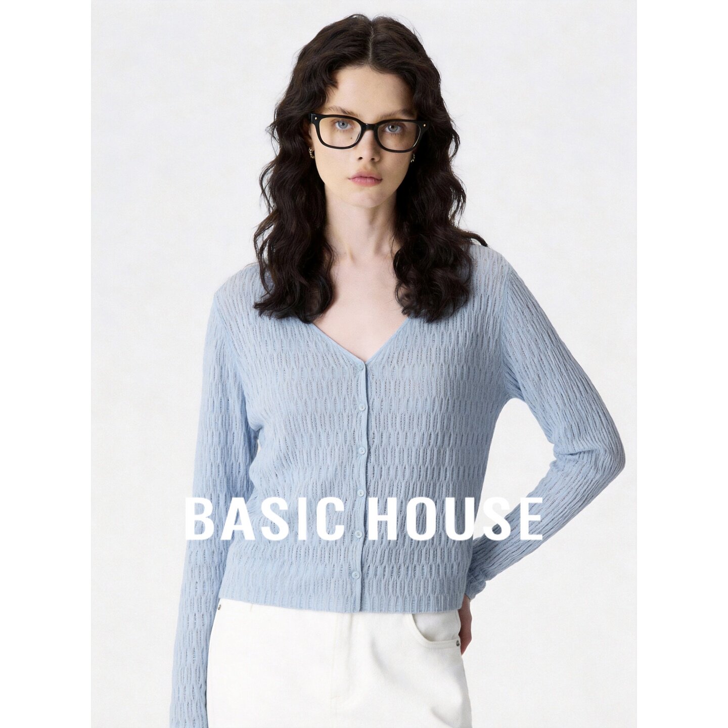 Basic House/百家好浅蓝色领针织开衫女短款长袖简约百搭毛衣外套