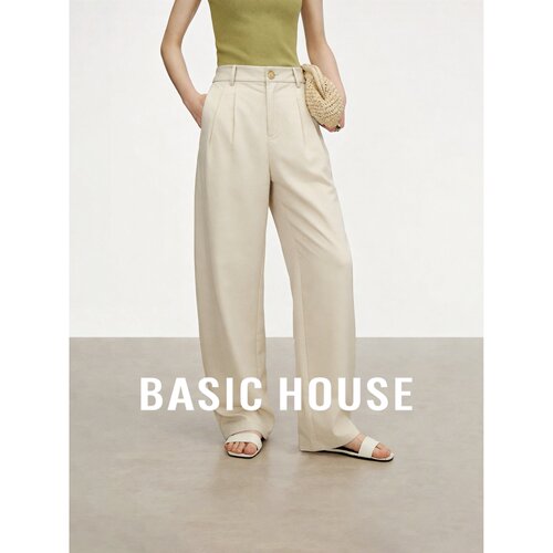 Basic House/百家好简约舒适亲肤直筒裤女松弛感垂感百搭休闲长裤