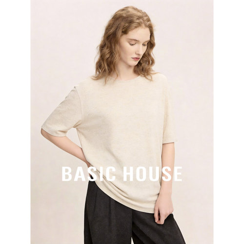 Basic House/百家好莱赛尔圆领宽松短袖T恤女亚麻亲肤舒适上衣夏