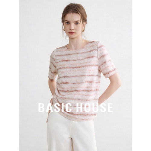 Basic House/百家好粉色圆领亮钻设计感T恤女夏季超好看宽松上衣
