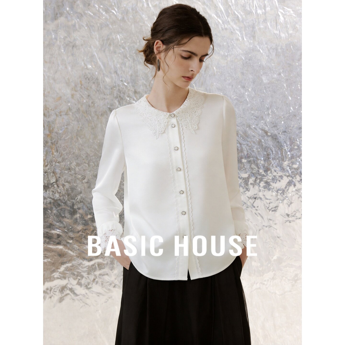 Basic House/百家好轻熟优雅风白色蕾丝领衬衫女长袖温柔气质上衣