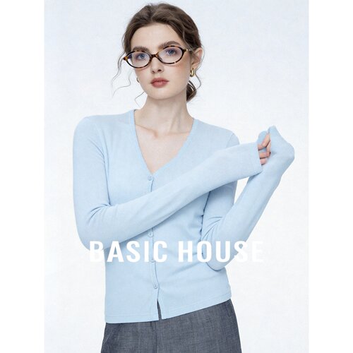 Basic House/百家好极简风莱赛尔V领针织开衫女蓝色修身显瘦上衣