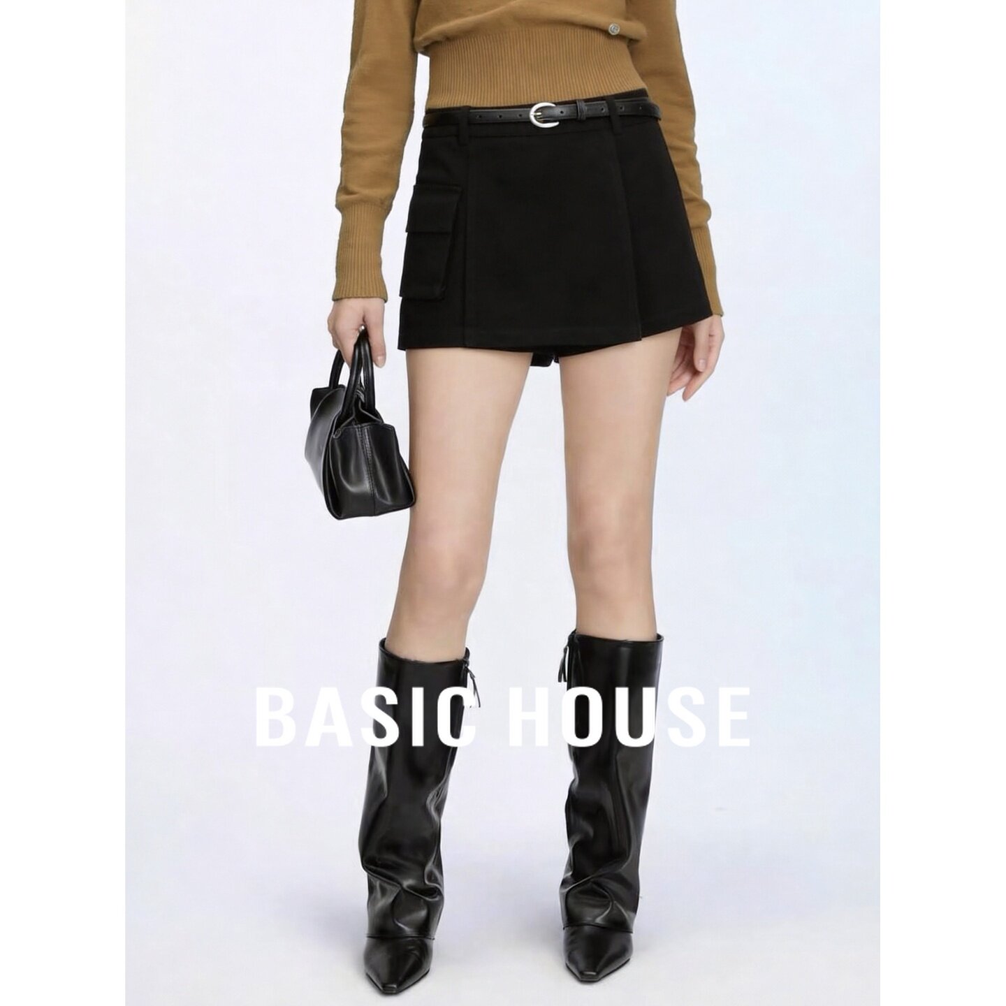 Basic House/百家好黑色纯棉不规则设计感带腰带工装风日常短裤女