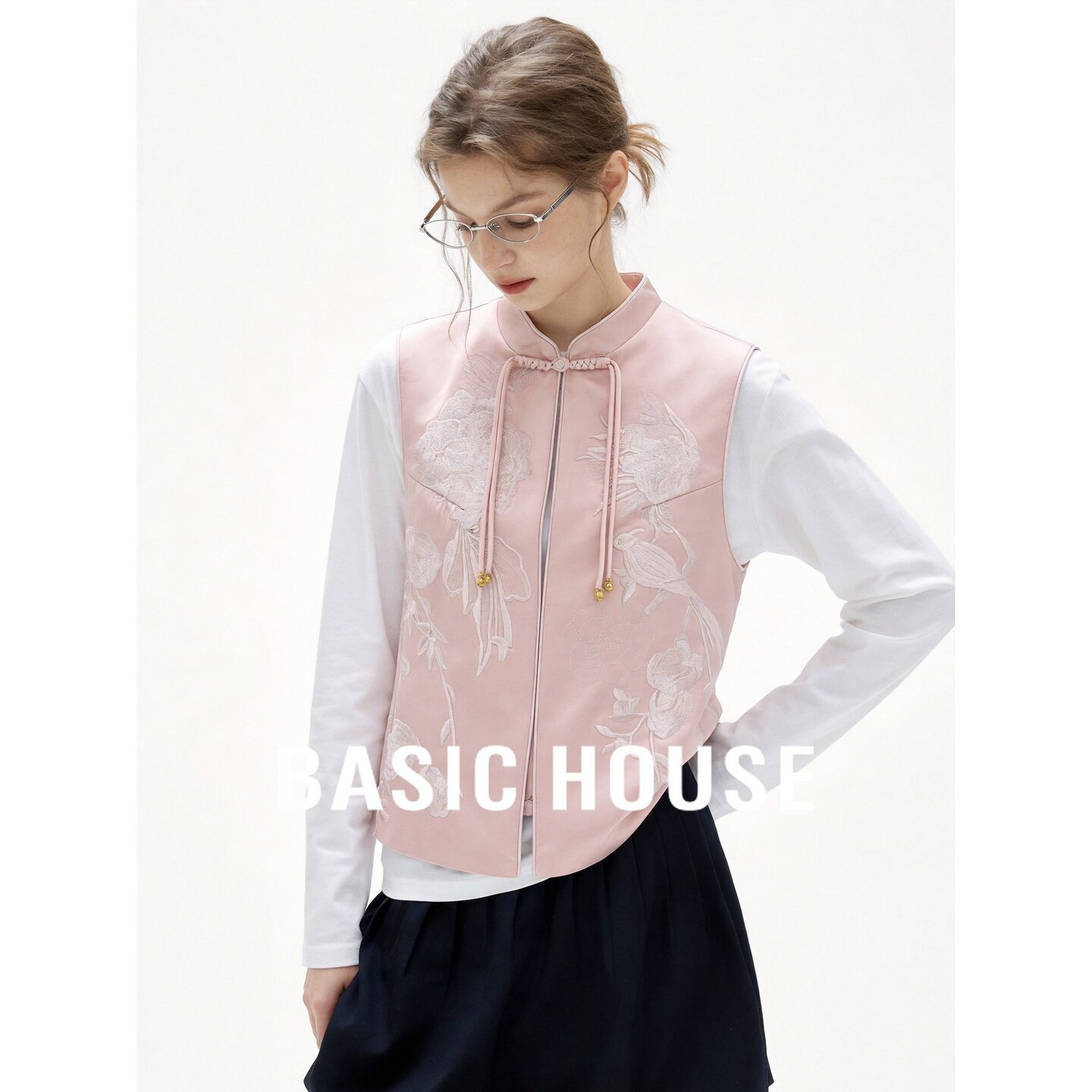 Basic House/百家好2026秋粉色立领国风提花短款女装新款马甲背心