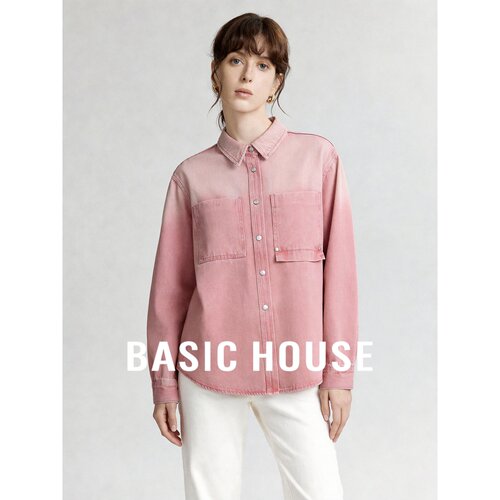 Basic House/百家好渐变粉色牛仔衬衫女秋翻领不对称口袋宽松长袖