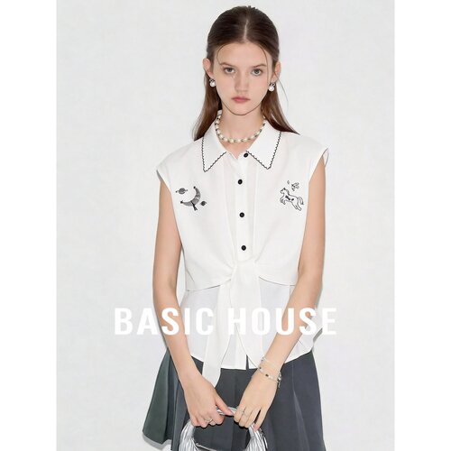 Basic House/百家好白色翻领刺绣衬衫女系带设计感莱赛尔亚麻上衣